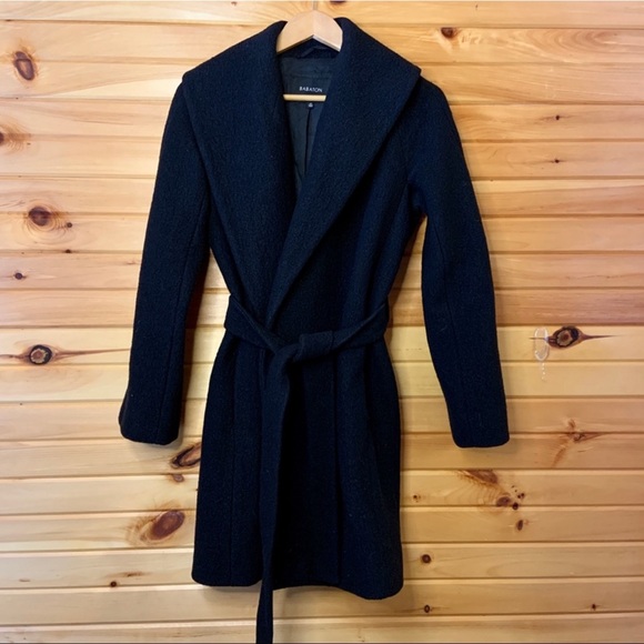 Babaton Aritiza Sian Belted Black Wool Coat Pea Coat Size XXS - Picture 1 of 7